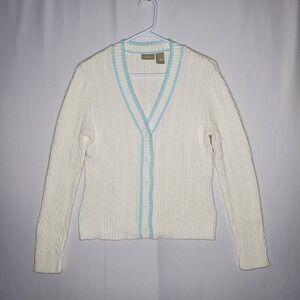 Fieldgear Cable Knit Cardigan Women Medium Vtg 90s White Blue Trim Button Preppy